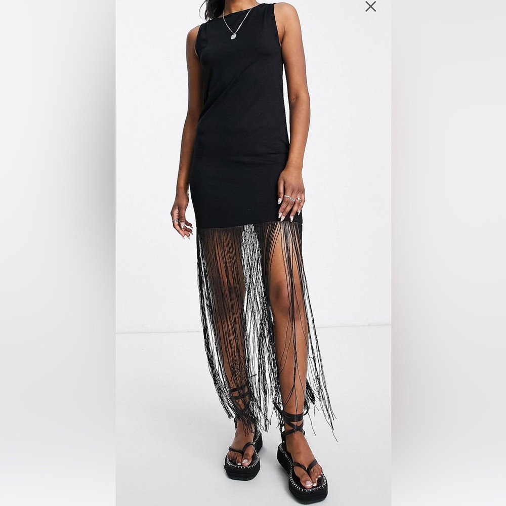ASOS black dress with fringe, mini black dress, cocktail black dress.